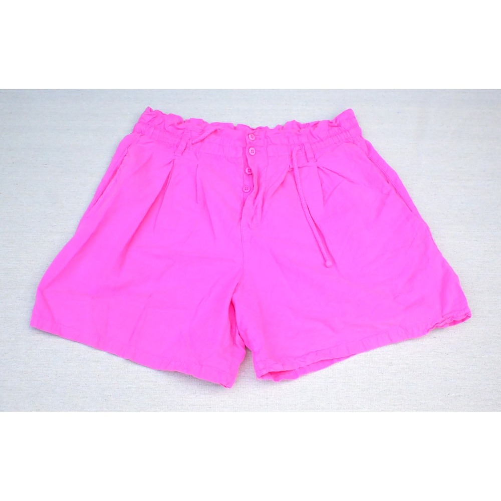 Energie Womens M Hot Pink Paperbag Waist Shorts 100% Cotton Pleated Button Fly
